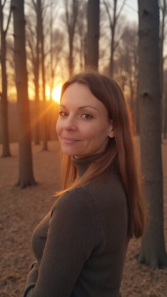 Melanie Gruber im herbstlichen Wald bei Sonnenuntergang